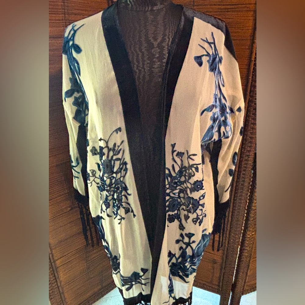 Chico's Cream and Dark blue velvet burn-out Kimono - Picture 2 of 5